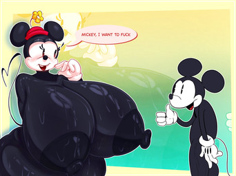 anthro big_breasts black_body breasts clothing duo female genitals gloves handwear hat headgear headwear huge_breasts male male/female penis text rabbit5gamer disney mickey_mouse minnie_mouse mammal mouse murid murine rodent english_text hi_res