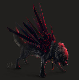 ambiguous_gender black_nose collar dark fantasy feral fur grey_background grey_body grey_fur looking_at_viewer paws red_eyes simple_background solo standing safiru canid canine canis demon mammal wolf