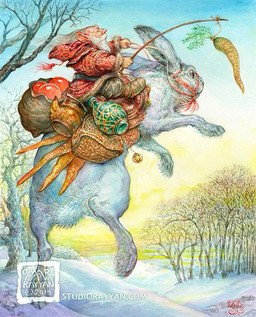 ambiguous_gender beard carrot carrot_on_stick clothing cloud day duo elderly_male facial_hair feral food forest fur male outside plant red_clothing riding snow tail tree vegetable white_body white_fur omar_rayyan gnome humanoid lagomorph leporid mammal rabbit 2014