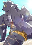 animal_print anthro black_body black_fur butt clothing fur leopard_print male muscular muscular_anthro muscular_male scar smile solo swimwear thong underwear wings ruentn lifewonders tokyo_afterschool_summoners tezcatlipoca_(tas) felid mammal pantherine hi_res