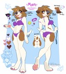 4_toes 5_fingers anthro ball barefoot blep bra breasts brown_hair brown_spots butt calf_tuft chest_tuft claws clothed clothing digitigrade ear_piercing ear_ring eyebrows eyelashes feet female fingers fur hair heart_eyes heart_symbol hindpaw holding_own_leash humanoid_hands leash leg_tuft looking_at_viewer looking_back looking_back_at_viewer markings medium_breasts midriff navel panties pawpads paws piercing pink_pawpads purple_bra purple_clothing purple_eyes purple_panties purple_toe_claws purple_underwear ring_piercing short_hair simple_background smile smiling_at_viewer soles solo spots spotted_body spotted_fur sweater tennis_ball text toe_claws toes tongue tongue_out topwear tuft underwear white_body white_fur ei-ka mira_(ei-ka) canid canine canis domestic_dog mammal 2023 digital_media_(artwork) english_text hi_res model_sheet