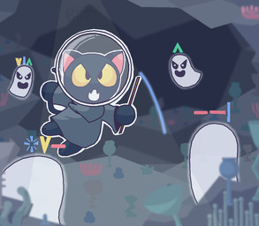 ambiguous_gender anthro bubble clothing group holidays magic robe seaweed underwater underwater_cave wand water yellow_sclera birdthebanana google google_doodle halloween magic_cat_academy momo_(google) domestic_cat felid feline felis ghost mammal spirit 2020