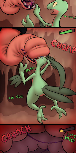 bite blood bodily_fluids cavern chewing death dialogue duo first_person_view gameplay_mechanics gore gui hard_vore health_bar open_mouth prey_pov saliva sharp_teeth sound_effects teeth text vore bitcoon nintendo pokemon generation_3_pokemon grovyle pokemon_(species) worm absurd_res comic english_text hi_res