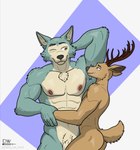 anthro antlers armpit_fetish armpit_sniffing brown_body butt duo fur genitals horn male male/male muscular muscular_male musk nipples nude penis penis_base simple_background smile sniffing tail delta_dewitt beastars legoshi_(beastars) louis_(beastars) canid canine mammal digital_media_(artwork) hi_res