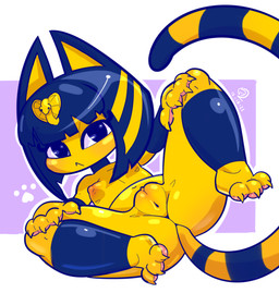 anthro breasts claws female genitals hair looking_at_viewer nipples nude pawpads solo spread_legs spreading vulva vixycore animal_crossing nintendo ankha_(animal_crossing) felid feline mammal 2021 dated hi_res signature