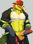 abs balls bottomwear clothing erection firefighter genitals glans gloves handwear hat headgear headwear male navel pants penis simple_background solo dendryte_axxon scalie snapdragon_(pvz) 2024 3:4 absurd_res digital_drawing_(artwork) digital_media_(artwork) hi_res