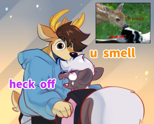anthro antlers blue_clothing blue_hoodie blue_topwear brown_hair clothed clothing duo hair hoodie horn male scut_tail short_tail tail text topwear epic_derzito derzo_(epic_derzito) houseki_(epic_derzito) deer mammal mephitid skunk english_text hi_res