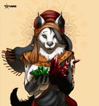 animated anthro black_body black_fur canid canine clothing costume crystal electricity female fur green_eyes hi_res lightning mammal multiple_piercings piercing red_eyes red_lightning_bolt solo tufted_ears tyunre white_body