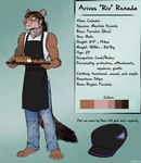 anthro apron biped bottomwear bread claws clothed clothing denim denim_bottomwear denim_clothing ear_piercing fluffy food fully_clothed fur hat headgear headwear jeans looking_at_viewer male pants piercing smile solo text topwear conditional_dnp ratte legacy_(ratte) riv_(ratte) faraden long-tailed_weasel mammal mustelid musteline new_faraden true_musteline weasel 2022 digital_media_(artwork) english_text hi_res model_sheet signature