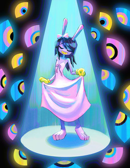 3_toes alternative_fashion anthro barefoot black_hair bow_(feature) clothing disembodied_balls dress eyelashes eyeliner eyes_closed feet female gloves hair handwear happy iridescent makeup pink_clothing pink_dress pink_ribbon scene_(fashion) smile solo spotlight toes yellow_clothing yellow_gloves yellow_handwear flandrepudding glitch_productions the_amazing_digital_circus gooseworx's_post-transition_jax_design jax_(tadc) abstraction_(tadc) lagomorph leporid mammal rabbit hi_res trans_(lore) trans_woman_(lore)