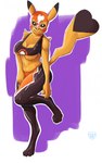 3_toes 4_fingers anthro big_breasts breasts cleavage cleft_tail clothed clothing cosplay_pikachu_(costume) eyelashes feet female fingers fur glistening glistening_body glistening_breasts glistening_clothing glistening_eyes glistening_fur looking_at_viewer mask narrowed_eyes pose purple_background simple_background smile solo standing tail thick_thighs toes under_boob white_background wide_hips yellow_body yellow_fur ioshiazul nintendo pokemon cosplay_pikachu_(character) pikachu_libre generation_1_pokemon mammal pikachu pokemon_(species) hi_res shaded