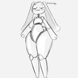anthro blush blush_stickers bottom_heavy cat_smile eyelashes eyes_closed featureless_chest featureless_crotch featureless_feet feet female floppy_ears front_view grey_background long_ears lop_ears low-angle_view machine simple_background solo thick_thighs wide_hips slopsludge lagomorph leporid mammal rabbit robot 1:1 hi_res