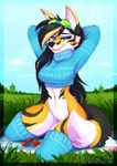 anthro bedroom_eyes black_hair blue_eyes breasts clothed clothing day detailed_background eyebrows eyelashes female food fruit genitals grass hair kneeling narrowed_eyes outside plant pussy seductive sky smile solo strawberry tail ei-ka canid canine fox mammal 2023 digital_media_(artwork) hi_res