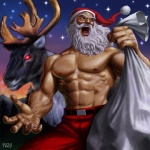 5_fingers abs antlers bag beard belt belt_buckle black_belt bottomwear brown_antlers buckle christmas_clothing christmas_headwear clothed clothing detailed_background duo elderly_human elderly_male evening evergreen_tree facial_hair feral fingers fur grey_body grey_fur hat headgear headwear holding_bag holidays horn human_focus male male_human mountain muscular muscular_human muscular_male navel night not_furry_focus outside pants pecs pine_tree plant red_bottomwear red_clothing red_eyes red_hat red_headwear red_pants santa_hat shirtless_human shirtless_male sky star starry_sky topless tree vein veiny_muscles white_beard white_facial_hair matataku christmas santa_claus deer human mammal new_world_deer reindeer 1:1 2009 colored dated