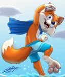 anthro blue_clothing cape clothing cloud fur male open_mouth orange_body orange_fur sky solo splash swimming_trunks swimwear underpaw water sagadreams lucky's_tale_(series) playful_corp. lucky_swiftail canid canine fox mammal 2021 hi_res signature