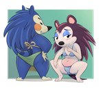 anthro blue_body blue_fur blush blush_lines clothing crouching duo feet female fur glistening_eyelids looking_at_viewer looking_back panties pose semi-anthro toes underwear noodlestoat animal_crossing nintendo label_able mabel_able eulipotyphlan hedgehog mammal absurd_res digital_drawing_(artwork) digital_media_(artwork) hi_res