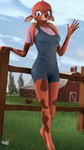 anthro blue_eyes braided_pigtails clothing farm female hair outside overalls pigtails red_body red_hair revamped_anthros shortalls solo donglysfm freya_(donglysfm) bovid bovine cattle mammal 3d_(artwork) 4k 9:16 absurd_res digital_media_(artwork) hi_res source_filmmaker_(artwork)