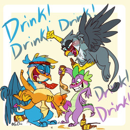 accessory alcohol beak beverage blue_body blue_feathers chest_tuft drinking drugs drunk feather_tuft feathers female feral fin flying grey_body grey_feathers group hair headband holding_object male orange_body ponytail purple_body spikes substance_intoxication tail text tongue tuft wings g-elric friendship_is_magic hasbro my_little_pony mythology gabby_(mlp) gallus_(mlp) smolder_(mlp) spike_(mlp) avian dragon gryphon mythological_avian mythological_creature mythological_scalie scalie 2020 english_text hi_res