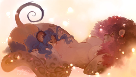 afro anthro bent_over blue_hair breasts countershade_fur countershading cunnilingus duo ear_piercing ear_ring eyebrows eyes_closed eyeshadow female female/female fur genitals hair inner_ear_fluff kneeling licking long_hair lying lying_and_blow_position makeup markings navel navel_piercing nipples nude on_back oral piercing pink_eyeshadow pink_nipples raised_tail ring_piercing sex size_difference spots spotted_body spotted_fur surface_piercing tail tan_body tan_fur tongue tongue_out tuft vaginal vulva mellonbun lana_(peacheebelle) nori_(peacheebelle) felid feline leopard mammal mouse murid murine pantherine rodent 2023 absurd_res digital_media_(artwork) hi_res signature