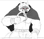 anthro belt bodily_fluids bottomwear cloak clothing fur grey_body grey_fur holding_object holding_weapon licking licking_weapon looking_at_viewer male melee_weapon muscular muscular_anthro muscular_male nipple_piercing nipples piercing polearm red_eyes saliva scythe shirtless shirtless_anthro shirtless_male solo tongue tongue_out weapon weapon_in_mouth white_body white_fur wraps wrist_wraps riseson dreamworks puss_in_boots_(franchise) death_(puss_in_boots) canid canine canis mammal wolf