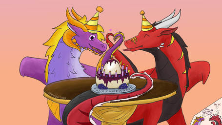 birthday birthday_cake cake clothing comic_panel dessert duo feral food furniture gesture hat headgear headwear heart_shape humor inside intersex male maleherm party_hat speech_bubble table tail tail_gesture tail_heart text charagon mythology chanat287 dremet jonsu avian dragon felkin gryphon hybrid mythological_avian mythological_creature mythological_scalie scalie 16:9 digital_media_(artwork) english_text hi_res widescreen