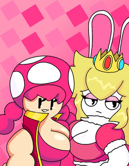 anthro bangs beady_eyes bent_arm big_breasts black_eyes blonde_hair bored breasts cleavage closed_frown clothed clothed_anthro clothed_female clothed_humanoid clothing collar crop_top crown duo eyelashes female female_anthro female_humanoid frown fur gem hair headgear long_ears long_hair mouth_closed noseless pattern_background pigtails pink_background pink_clothing pink_crop_top pink_eyelids pink_hair pink_inner_ear pink_shirt pink_topwear red_clothing red_topwear red_vest ruby_(gem) sapphire_(gem) shirt simple_background smile smiling_at_viewer taking_picture taking_selfie tan_body tan_breasts tan_skin topwear vest white_body white_breasts white_collar white_fur gboogie32 mario_bros mario_plus_rabbids_kingdom_battle nintendo raving_rabbids rayman_(series) ubisoft rabbid_peach toadette humanoid lagomorph mammal rabbid toad_(mario) 2023 cel_shading colored crossover digital_drawing_(artwork) digital_media_(artwork) english_description shaded