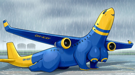 aircraft airplane anthro big_breasts blue_body breasts female jet jet_engine machine multicolored_body nipples raining raised_head smile solo tarmac text two_tone_body vehicle wet wide_hips wings colarix oh-kay_(colarix) animate_inanimate living_aircraft living_machine living_vehicle absurd_res english_text hi_res