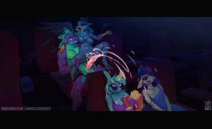 anthro areola bodily_fluids breasts clothed clothing cum eyebrows eyelashes eyes_closed eyewear female food genital_fluids genitals group horn male male/female movie_theater nipples penis popcorn public sitting spread_legs spreading sunglasses tail text vulva sugarlesspaints friendship_is_magic hasbro my_little_pony mythology bonbon_(mlp) gabby_(mlp) lyra_heartstrings_(mlp) spike_(mlp) avian dragon equid equine gryphon mammal mythological_avian mythological_creature mythological_equine mythological_scalie scalie unicorn 2026 artist_name digital_media_(artwork) hi_res