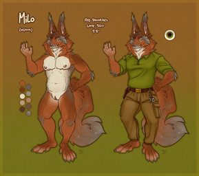 5_toes andromorph anthro arm_tuft belly big_ears biped ear_tuft elbow_tuft feet fur genitals green_eyes grey_markings humanoid_genitalia humanoid_vulva intersex markings mastectomy_scar mature_andromorph mature_intersex mottled mottled_nose muscular muscular_anthro orange_body orange_fur pink_nose pointy_ears scar solo standing ticking_(marking) toes tuft vulva white_belly white_body interkos milo_(itmeporps) mammal rodent sciurid tree_squirrel hi_res model_sheet trans_(lore) trans_man_(lore)