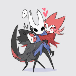 2_horns ambiguous_gender angry anthro biped black_body black_eyes blue_clothing blush cloak clothed clothing cross-popping_vein ellipsis empty_eyes female fingers group heart_symbol horn open_mouth red_eyes speech_bubble standing tail trio wings lv999ppbunny hollow_knight_(franchise) team_cherry grimmchild_(hollow_knight) nightmare_king_grimm_(hollow_knight) the_knight_(hollow_knight) arthropod vessel_(species) 2025 hi_res