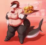 anthro burger clothed clothing female food hair holding_object looking_at_viewer obese obese_anthro obese_female overweight overweight_anthro overweight_female simple_background smile solo standing text vondranart tiffany_(tach0012) fish marine shark absurd_res english_text hi_res