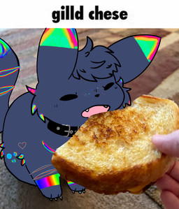 alternate_color ambiguous_gender collar eating eating_food feral food freckles grilled_cheese markings rainbow sandwich_(food) solo sparklefur nintendo pokemon eeveelution generation_2_pokemon pokemon_(species) umbreon
