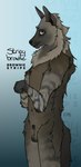 animal_genitalia anthro balls fully_sheathed genitals looking_at_viewer male sheath smile smiling_at_viewer smirk smirking_at_viewer solo stripes text whiskers strana_(artist) brown_hyena hyena mammal absurd_res english_text hi_res