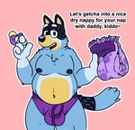 anthro babying_viewer bulge clothed clothing dialogue diaper holding_diaper looking_at_viewer male pacifier simple_background solo talking_to_viewer text touching_diaper underwear underwear_only befuddledbunny bluey_(series) bandit_heeler australian_cattle_dog canid canine canis cattledog domestic_dog herding_dog mammal pastoral_dog english_text hi_res