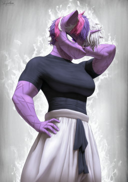 alternate_hairstyle anthro anthrofied athletic athletic_anthro athletic_female aura black_clothing black_shirt black_t-shirt black_topwear bottomwear breasts clothed clothing colored_nails cosplay eye_scar eyebrow_through_hair eyebrows eyelashes facial_scar female fingers glistening glistening_eyes grey_background hair hand_on_hip hand_on_neck horn messy_hair nails narrowed_eyes oversized_bottomwear oversized_clothing oversized_pants pants purple_body purple_eyes purple_hair purple_nails scar scars_all_over shirt simple_background smile solo t-shirt tight_clothing tight_topwear topwear translucent translucent_hair white_bottomwear white_clothing white_hair white_pants suhar friendship_is_magic hasbro jujutsu_kaisen my_little_pony mythology gojo_satoru twilight_sparkle_(mlp) equid equine mammal mythological_creature mythological_equine unicorn 2025 absurd_res digital_drawing_(artwork) digital_media_(artwork) hi_res shaded signature
