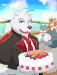 anthro birthday_cake bottomwear cake clothing dessert food group kemono male necktie outside pants shirt topwear inugamihito knights_college paul_pfitzner bear canid canine canis domestic_dog felid mammal pantherine polar_bear tiger ursine 2022 hi_res