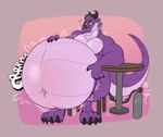 anthro arm_on_table awoogasm belly belly_expansion belly_inflation big_belly blush digital_media_(artwork) dragon embarrassed expansion furniture helium_tank hi_res horn hose_in_butt inflation male mythological_creature mythological_scalie mythology navel onomatopoeia open_mouth outie_navel overweight purple_body reptile scales scalie simple_background sitting solo sound_effects table tail text
