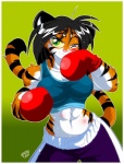 abs anthro biceps biped black_hair blush bodily_fluids border bottomwear boxing boxing_gloves breasts bruised clothed clothing female fur gloves green_background green_eyes hair handwear looking_at_viewer midriff muscular muscular_anthro muscular_female one_eye_closed orange_body orange_fur pants shirt simple_background solo sport standing stripes sweat tail topwear torso_blush white_border chalo felid mammal pantherine tiger 2007