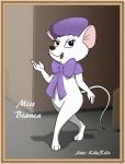 anthro clothing eyeshadow featureless_crotch female fur hat headgear headwear makeup mostly_nude purple_bow purple_eyeshadow ribbons semi-anthro smile text walking white_body white_fur kikerodz disney the_rescuers_(disney) miss_bianca_(the_rescuers) mammal mouse murid murine rodent artist_name character_name hi_res