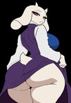 anthro big_breasts big_butt black_background breasts butt clothed clothing dress eyelashes fangs female floppy_ears fur horn huge_butt looking_at_viewer looking_back looking_back_at_viewer lop_ears purple_clothing purple_dress raised_clothing raised_dress rear_view red_eyes scut_tail short_tail simple_background solo tail teeth thick_thighs topwear white_body white_clothing white_fur white_horn white_topwear wide_hips badjujuarts undertale_(series) toriel boss_monster_(undertale) bovid caprine goat mammal hi_res