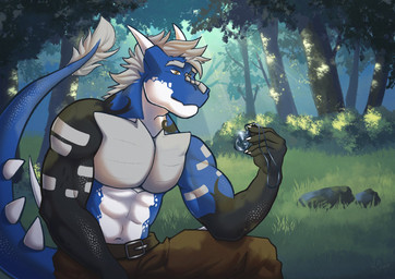 2_horns abs anthro armor belt black_body black_scales blue_body blue_scales bottomwear breastplate clothing elbow_on_knee forest glint grass grey_hair hair holding_jewelry holding_object horn jewelry jewelry_glint looking_at_object male muscular outside pants pendant plant raised_tail rock scales solo spiked_tail spikes spikes_(anatomy) tail tail_tuft tree tuft white_body yellow_eyes kai_kouse mythology haku_(rykan95) dragon mythological_creature mythological_scalie scalie digital_media_(artwork) hi_res