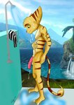 anthro bathing detailed_background flaccid foreskin genitals humanoid_genitalia humanoid_penis male nude penis showering side_view solo rockeylombax ratchet_and_clank sony_corporation sony_interactive_entertainment ratchet_(ratchet_and_clank) lombax mammal hi_res