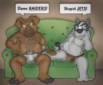 allcaps angry anthro barefoot black_nose black_text blue_sclera body_hair chest_hair clothed clothing controller dialog_balloon duo eyewear feet fur furniture glasses green_sofa grey_body grey_fur holding_controller holding_object holding_remote_control hooves inside jockstrap jockstrap_only male mature_male overweight profanity remote_control sofa teeth_showing text topless topless_male underline underwear underwear_only watching_sports brucebadger bruce_(brucebadger) badger domestic_pig mammal mustelid musteline suid suine sus_(pig)