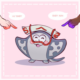 :3 anthro blush clothing disembodied_hand gesture grey_body group hand_gesture hat headgear headwear male pointing text trio eeveebooyah nintendo splatoon big_man_(splatoon) aquatic fish ray_(fish) stingray 1:1 english_text hi_res