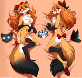 4_toes 5_fingers accessory animal_mask anthro biped blep bow_ribbon breasts butt casual_nudity chest_tuft claws dakimakura digitigrade featureless_breasts feet female finger_claws fingers front_view fur gloves_(marking) hair hair_accessory hair_bow hair_ribbon leg_markings looking_at_viewer lying markings mask nude nude_anthro nude_female on_back on_front orange_body orange_fur orange_hair orange_tail pawpads paws pose rear_view red_eyes ribbons scratches smile socks_(marking) solo tail teeth toe_claws toes tongue tongue_out tuft conditional_dnp narikusha tom_fischbach twokinds vanity_(twokinds) canid canine fox keidran mammal 2026 dakimakura_design digital_drawing_(artwork) digital_media_(artwork) hi_res