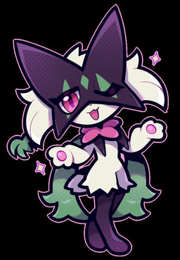 ambiguous_gender anthro black_background chibi fur green_body green_fur mask one_eye_closed open_mouth open_smile simple_background smile solo wink zhang_gun nintendo pokemon felid feline generation_9_pokemon mammal meowscarada pokemon_(species) 2022 digital_media_(artwork) full-length_portrait portrait