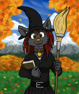 5_fingers :3 anthro autumn autumn_leaves belt belt_buckle biped black_belt black_bottomwear black_clothing black_dress black_dress_shirt black_eyebrows black_hat black_headwear black_lips black_shirt black_skirt black_sleeves black_topwear blurred_background blush book bottomwear breasts broom brown_collar buckle button_(fastener) cheek_tuft cleaning_tool clothed clothing cloud cloudy_sky collar collar_tag costume day detailed_background dress dressing_up ear_piercing ear_tuft eyebrows facial_piercing facial_tuft falling_leaves female fingers flower front_view fur fur_tuft golden_ring grass grey_body grey_button_(fastener) grey_fur grey_inner_ear_fluff grey_piercing grey_text hair happy hat head_tilt headgear headwear holding_book holding_broom holding_cleaning_tool holding_object holidays humanoid_hands industrial_piercing inner_ear_fluff lip_piercing lip_ring lips long_hair looking_at_viewer magic_user monotone_body monotone_fur mountain name_tag nature neck_tuft number open_mouth open_smile orange_eyes orange_leaves orange_nose orange_tongue outside piercing plant pointed_hat pose raised_eyebrow red_hair ring_piercing shirt skirt sky sleeves smile smiling_at_viewer snowy_mountain solo standing text tongue topwear tree tuft wearing_costume white_buckle white_inner_ear_fluff wide_eyed witch witch_costume witch_hat yellow_piercing lennox halloween maddie_(lennox) canid canine canis mammal wolf 2023 colored dated digital_drawing_(artwork) digital_media_(artwork) half-length_portrait portrait shaded signature watermark