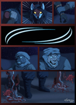 anthro armor attack blood bodily_fluids bracers clothed clothing entrails fatal glowing glowing_eyes gore group guts headgear headwear hood intestines killing male mask muscular muscular_anthro muscular_male night open_mouth organs sky sound_effects star starry_sky teeth text trio xxsparcoxx acarius_medjay teofacio_larna canid canine felid fox hyena mammal pantherine red_fox spotted_hyena true_fox 2021 comic digital_media_(artwork) english_text hi_res