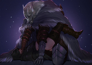 ambiguous_gender anal anal_penetration anthro armor bodily_fluids cape clothed clothed_sex clothing drooling duo fangs fur grey_body grey_fur hood human_on_anthro human_penetrated interspecies larger_anthro larger_male male male/ambiguous night penetration saliva sex size_difference sky smaller_penetrated teeth triple_moonbow elden_ring fromsoftware blaidd_(elden_ring) tarnished_(elden_ring) canid canine canis human mammal wolf hi_res