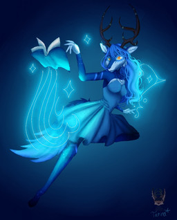 anthro antler_ring antlers blue_background blue_body blue_eyelashes blue_fur blue_hair clothing dress eyelashes female flying fur fur_markings furgonomics hair horn long_eyelashes magic magic_book magic_user markings simple_background solo tail yellow_eyes tarina phemia canid canine cervine deer fox hybrid mammal hi_res watermark